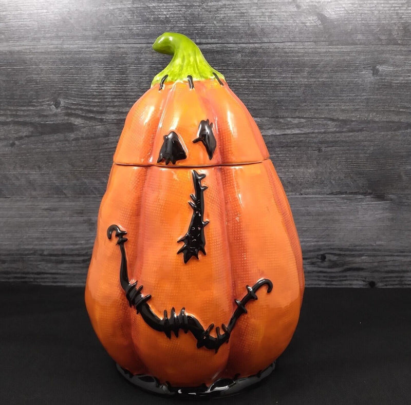 Load image into Gallery viewer, Stitched Halloween Pumpkin Cookie Treat Candy Jar Canister by Blue Sky Clayworks