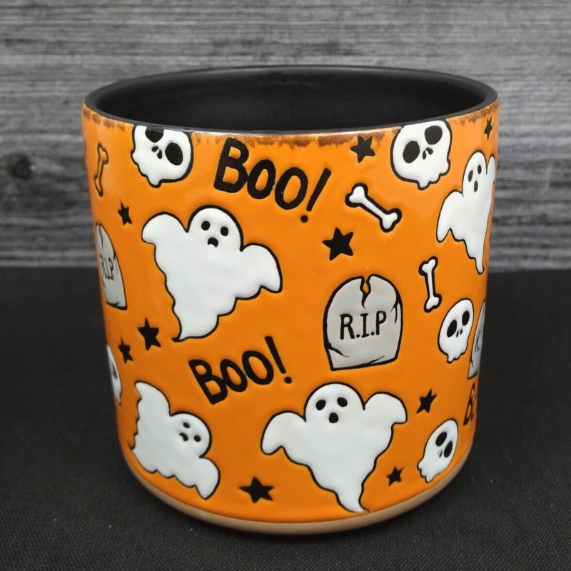 Load image into Gallery viewer, Halloween Ghost Canister Orange and Black 4" Jar by Blue Sky Clayworks