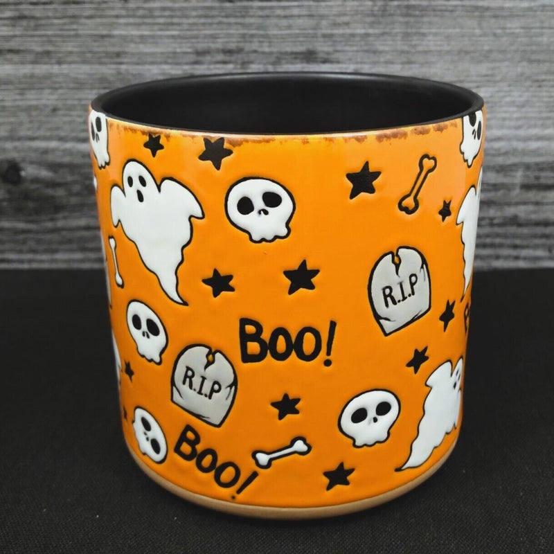 Load image into Gallery viewer, Halloween Ghost Canister Orange and Black 4" Jar by Blue Sky Clayworks