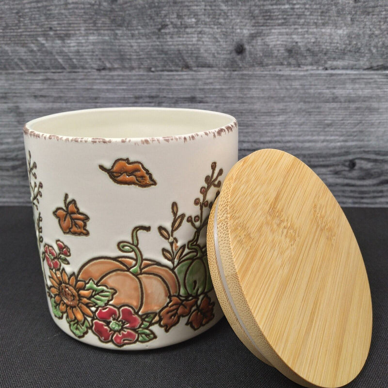 Load image into Gallery viewer, Saddlebrook Farm Fall Harvest 4'' Canister and Lid with Sunflowers and Pumpkins