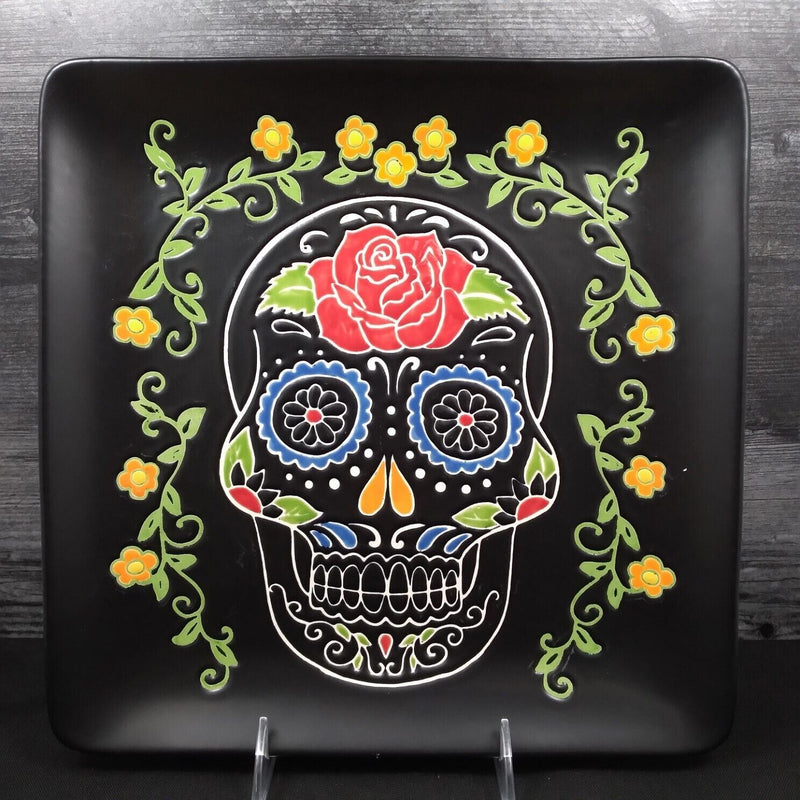 Load image into Gallery viewer, Halloween Sugar Skull Day of the Dead Square Dinner Plate 10.5" (27cm) Blue Sky