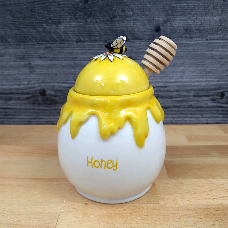 Load image into Gallery viewer, Honey Drip Honey Pot Canister Ceramic With Wood Dipper Stick By Blue Sky