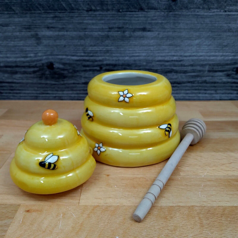 Load image into Gallery viewer, Bee Hive Honey Pot Canister Ceramic With Wood Dipper Stick By Blue Sky