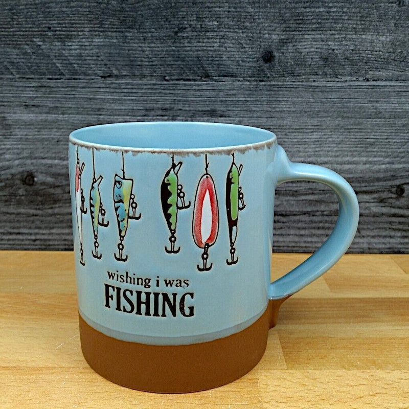 Load image into Gallery viewer, Wishing I Was Fishing Lures Coffee Mug 18oz Embossed Tea Cup Ceramic by Blue Sky