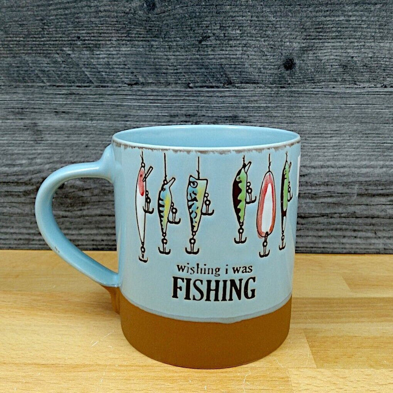 Load image into Gallery viewer, Wishing I Was Fishing Lures Coffee Mug 18oz Embossed Tea Cup Ceramic by Blue Sky