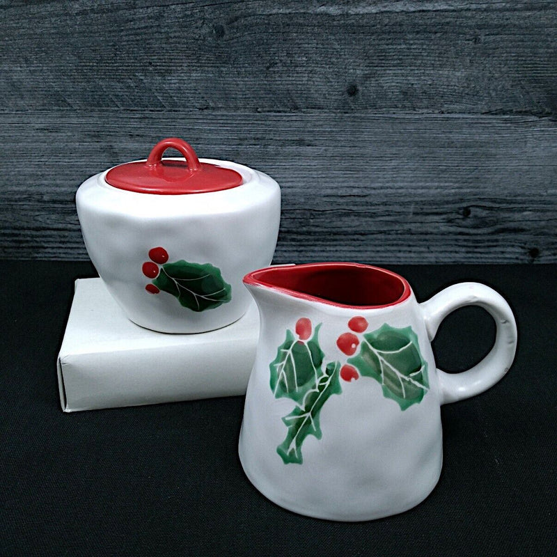 Load image into Gallery viewer, Evergreen Forest Holly Sugar Bowl with Lid and Creamer Pitcher Set by Blue Sky