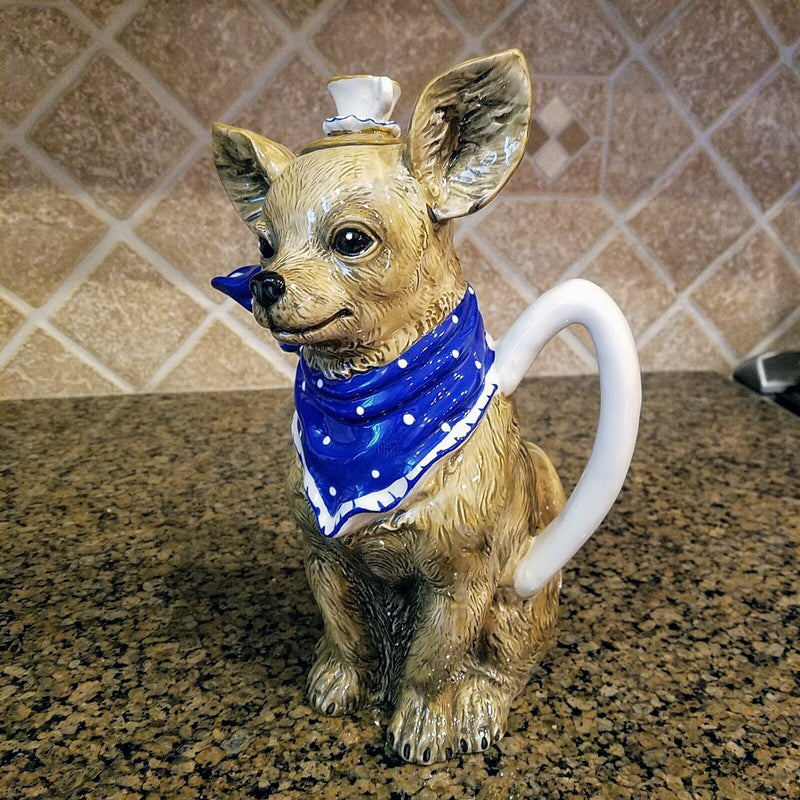 Load image into Gallery viewer, Tea with Diddy Teapot Chihuahua Dog Ceramics Tea Pot Blue Sky Heather Goldminc