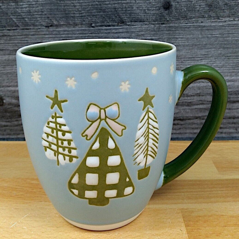 Load image into Gallery viewer, Christmas Tree Holiday Coffee Mug Green & Blue 17oz 455ml Embossed Cup Blue Sky