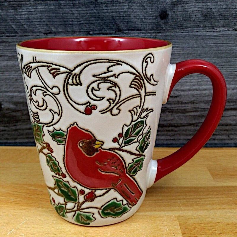Load image into Gallery viewer, Cardinal in Poinsettia Holiday Coffee Mug 17oz 455ml Embossed Cup Blue Sky