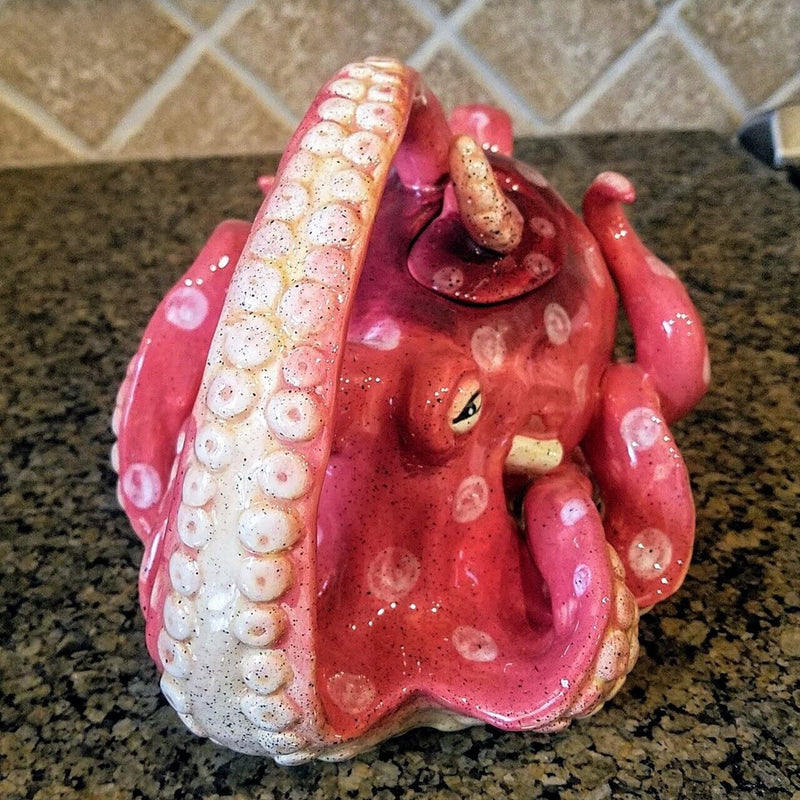 Load image into Gallery viewer, Octopus Teapot Red Ceramic Embossed Tea Pot Ocean Sea Creature Blue Sky Goldminc