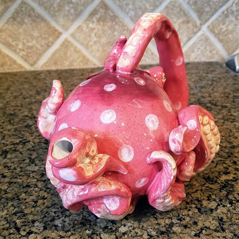 Load image into Gallery viewer, Octopus Teapot Red Ceramic Embossed Tea Pot Ocean Sea Creature Blue Sky Goldminc