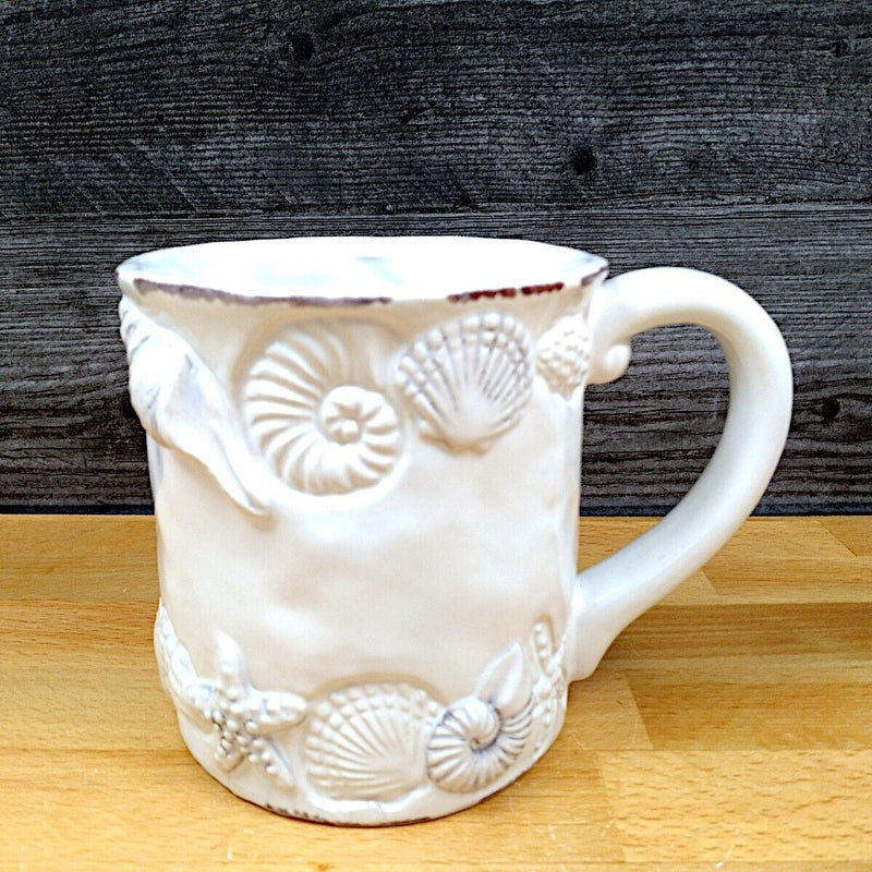 Load image into Gallery viewer, Sea Shells Laguna Coastal White Coffee Mug Embossed Nautical Tea Cup by Blue Sky