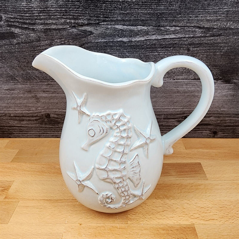 Load image into Gallery viewer, Blue Laguna Pitcher Embossed Shells Decorative Ocean Sea Ceramic Blue Sky