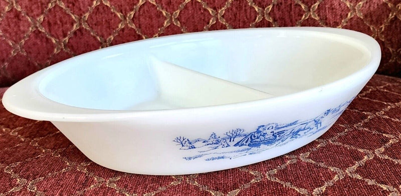 Load image into Gallery viewer, Glasbake Currier & Ives Divided Casserole Dish J-2352 Sleigh Ride Oven