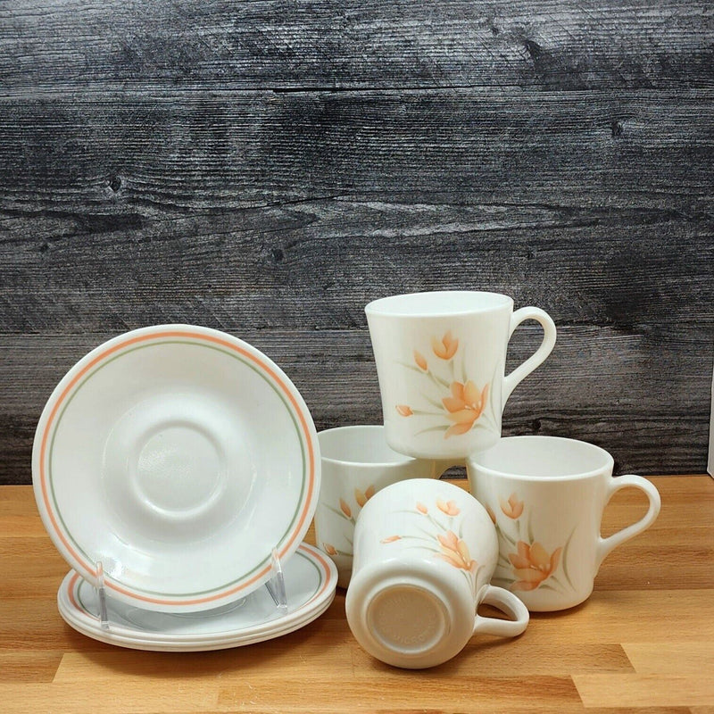 Load image into Gallery viewer, Corelle Corning Peach Floral Tea Cup & Saucer 4 Set Coffee Mugs White Ceramic