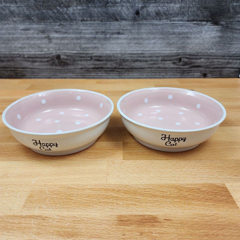 Load image into Gallery viewer, Happy Cat Water Food Bowl Set Embossed Treat Dish With Pink White Polka Dots