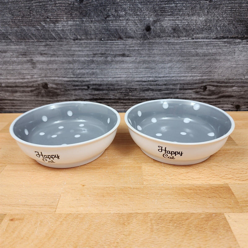 Load image into Gallery viewer, Happy Cat Water Food Bowl Set Embossed Treat Dish With Grey White Polka Dots