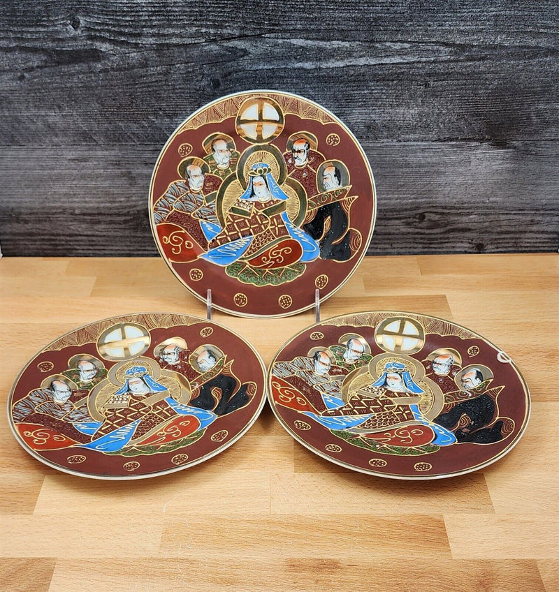 Load image into Gallery viewer, Japanese Kutani Moriage 3 Brown Immortals 7 1/2 Plates Pensive Geisha Lithophane