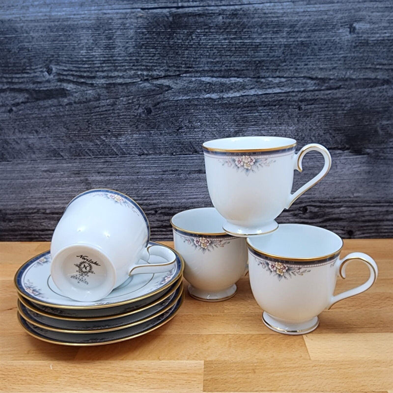 Load image into Gallery viewer, Noritake Ontario 4 Tea Cups & Saucers Pink Flowers Blue Gold Band Mugs 3763