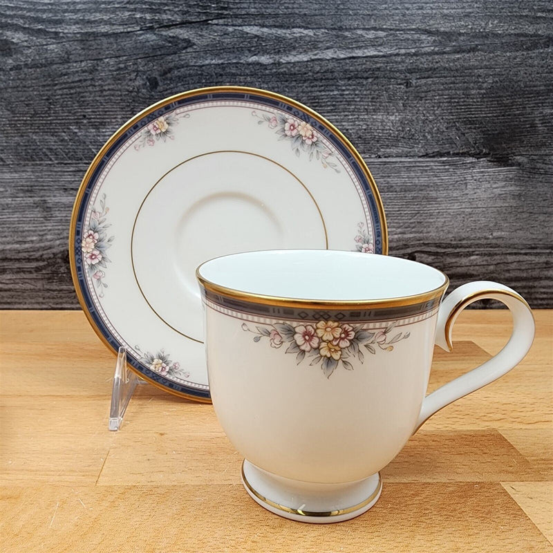 Load image into Gallery viewer, Noritake Ontario 4 Tea Cups & Saucers Pink Flowers Blue Gold Band Mugs 3763