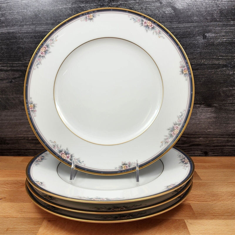 Load image into Gallery viewer, Noritake Ontario 3763 Set of 4 Dinner Plates Blue Gold Band Pink Flowers 10.5"