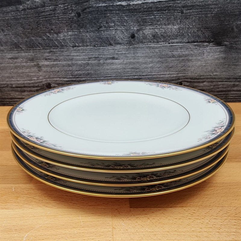 Load image into Gallery viewer, Noritake Ontario 3763 Set of 4 Dinner Plates Blue Gold Band Pink Flowers 10.5"