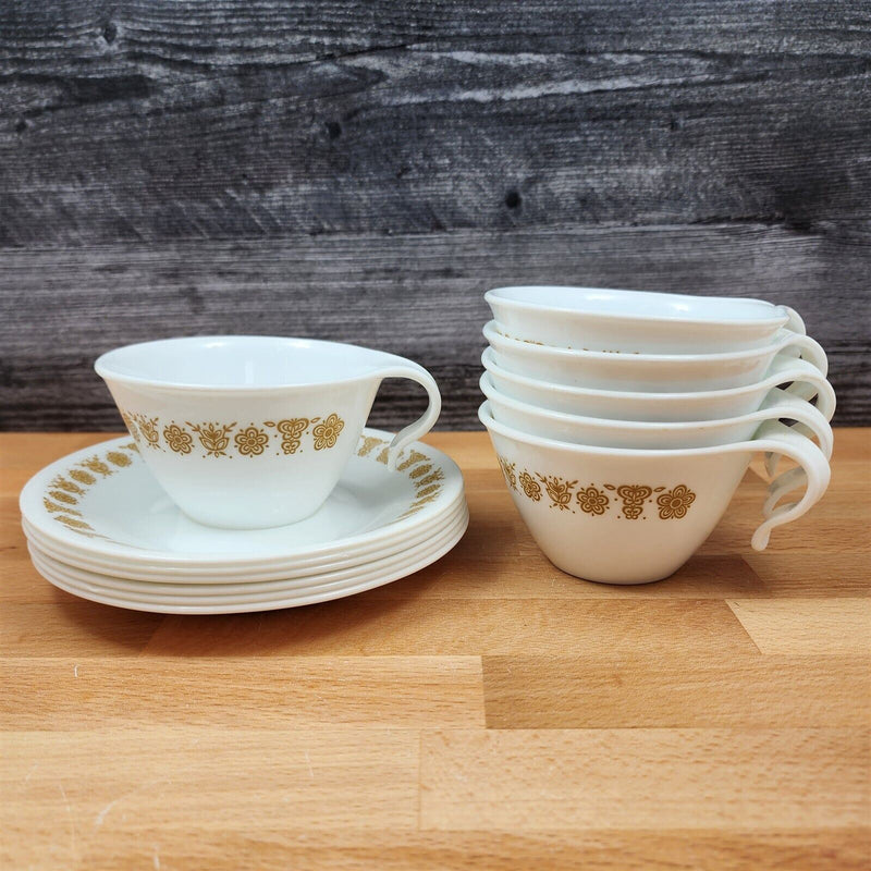 Load image into Gallery viewer, Corelle Corning Butterfly Gold Set of 6 Flat Cup & Saucer with Hook Handle Mugs