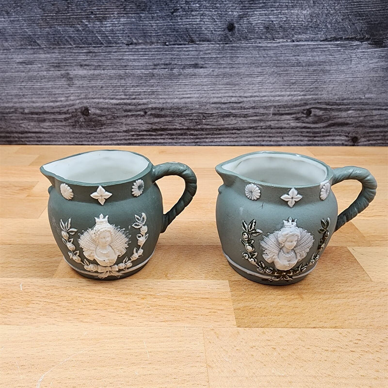 Load image into Gallery viewer, Schafer Vater Green Jasperware 1804 Set of 2 Queen Cameo Creamer Antique Germany