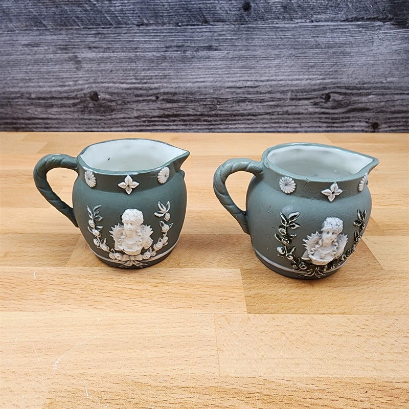Load image into Gallery viewer, Schafer Vater Green Jasperware 1804 Set of 2 Queen Cameo Creamer Antique Germany