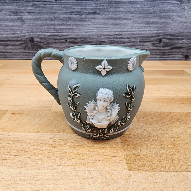 Load image into Gallery viewer, Schafer Vater Green Jasperware 1804 Set of 2 Queen Cameo Creamer Antique Germany