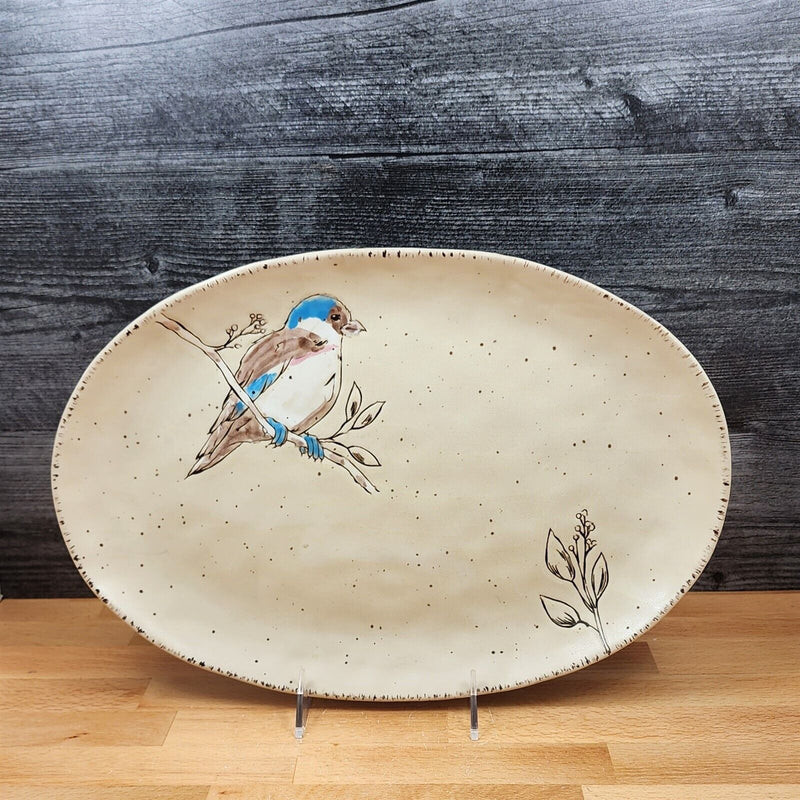 Load image into Gallery viewer, Country Cottage Platter Bird Rustic Oval Serving Tray Ceramic Embossed Blue Sky