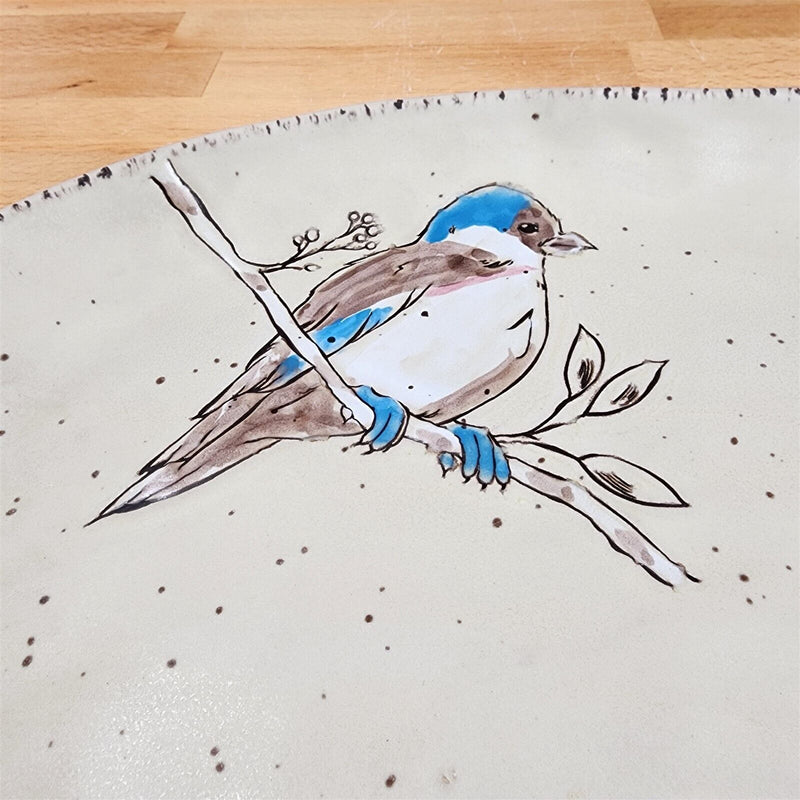 Load image into Gallery viewer, Country Cottage Platter Bird Rustic Oval Serving Tray Ceramic Embossed Blue Sky