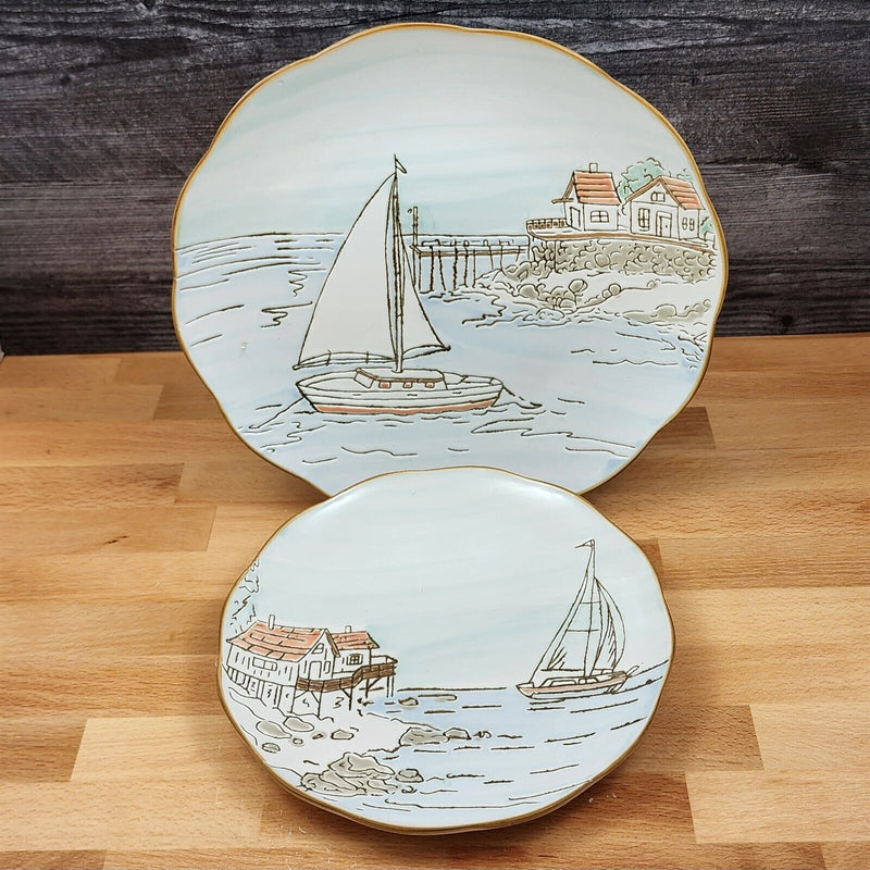 Load image into Gallery viewer, Coastal Sketchbook Plates Set of 2 Decorative Sail Boat Embossed by Blue Sky