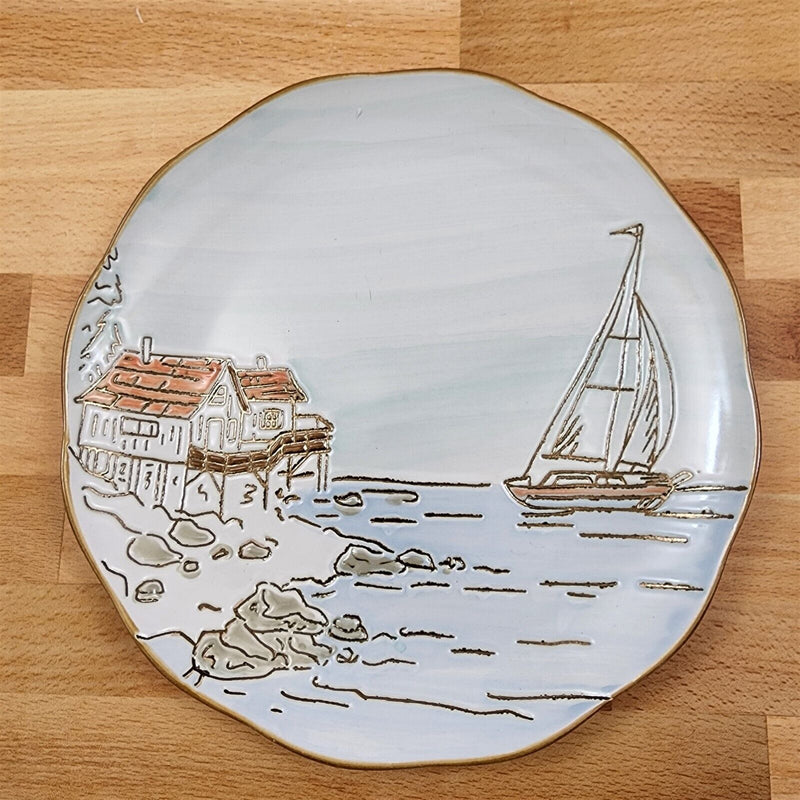 Load image into Gallery viewer, Coastal Sketchbook Plates Set of 2 Decorative Sail Boat Embossed by Blue Sky