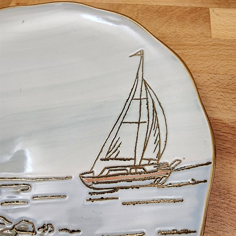 Load image into Gallery viewer, Coastal Sketchbook Plates Set of 2 Decorative Sail Boat Embossed by Blue Sky
