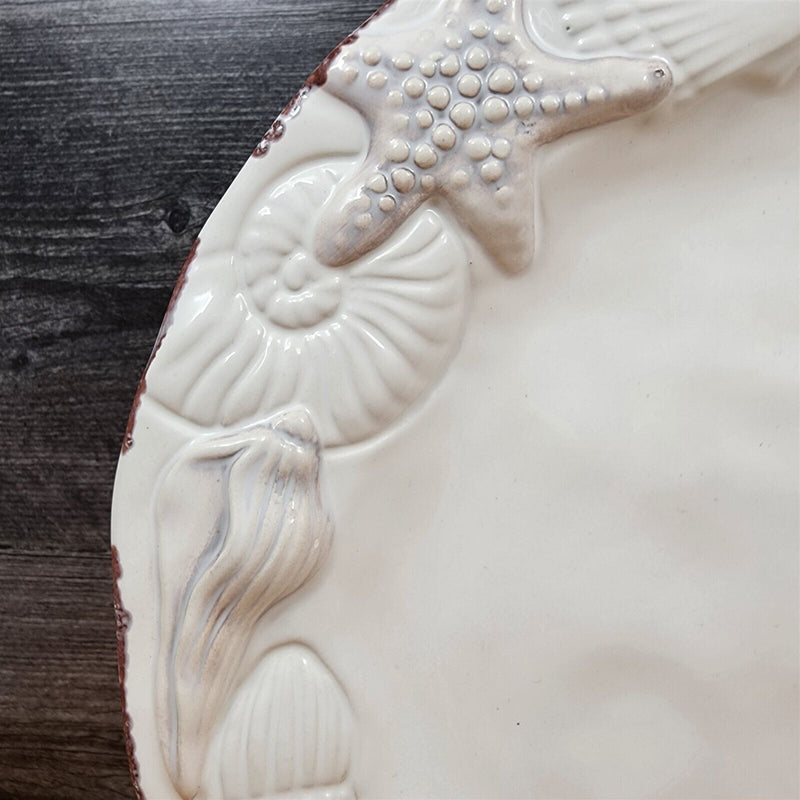 Load image into Gallery viewer, Laguna Coastal White Plate Set Embossed Ceramic Sea Shells Star Fish Blue Sky
