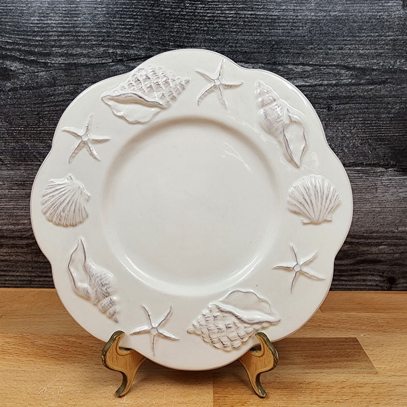 Load image into Gallery viewer, Laguna Coastal White Plate Set Embossed Ceramic Sea Shells Star Fish Blue Sky