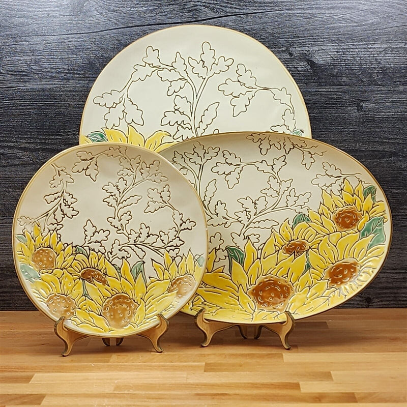 Load image into Gallery viewer, Gilded Sunflower Platter Set of 3 Ceramic Plate Serving Trays Embossed Blue Sky