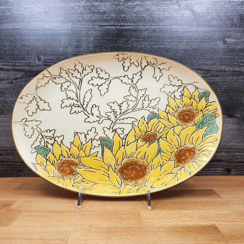 Load image into Gallery viewer, Gilded Sunflower Platter Set of 3 Ceramic Plate Serving Trays Embossed Blue Sky