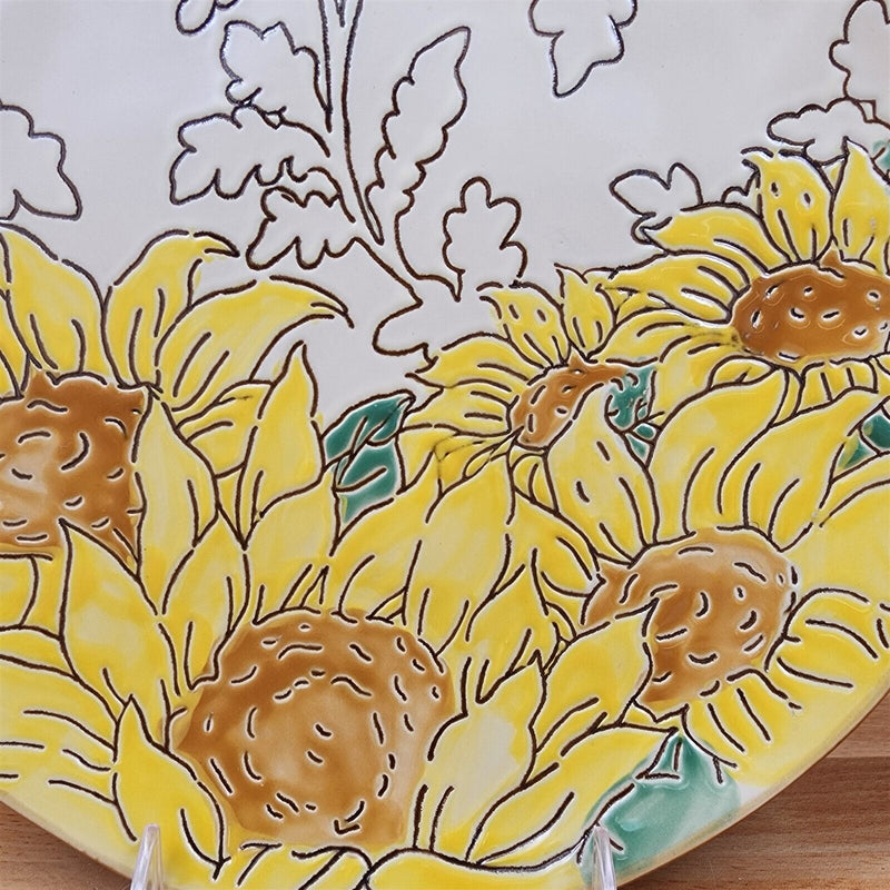 Load image into Gallery viewer, Gilded Sunflower Platter Set of 3 Ceramic Plate Serving Trays Embossed Blue Sky