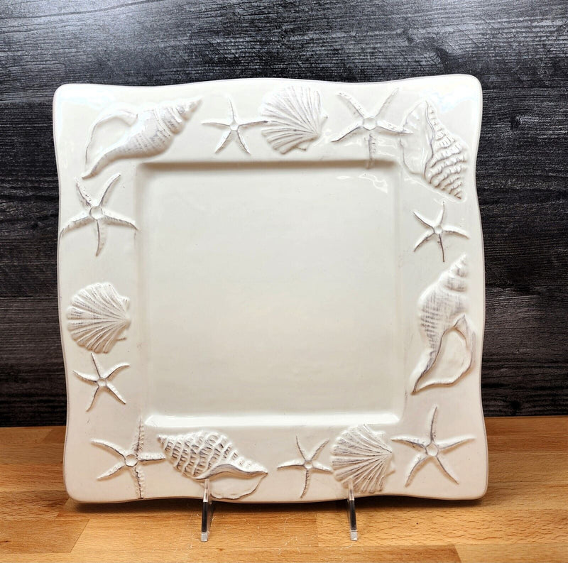 Load image into Gallery viewer, Laguna Coastal White Tray Serving Plate 11" Nautical Sea Shells Platter Blue Sky