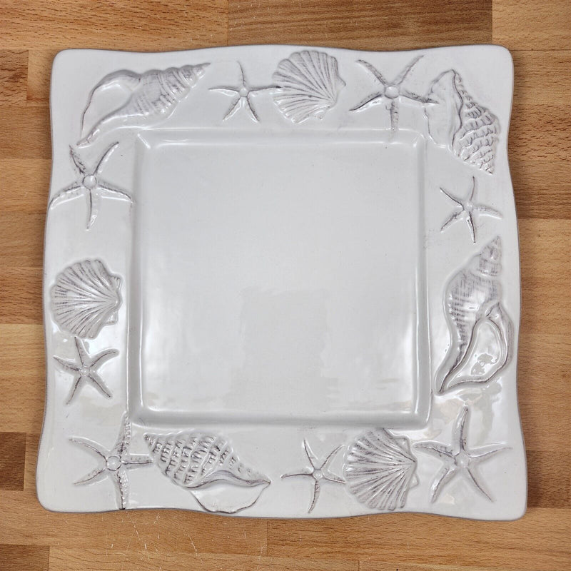 Load image into Gallery viewer, Laguna Coastal White Tray Serving Plate 11" Nautical Sea Shells Platter Blue Sky