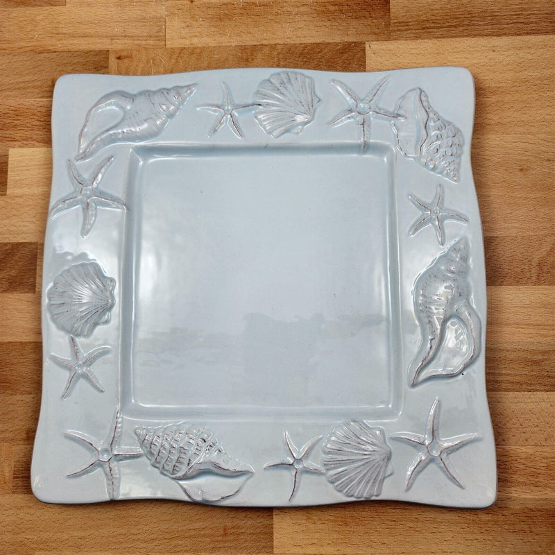 Load image into Gallery viewer, Laguna Coastal Seafoam Blue Tray Serving Plate 11" Sea Shells Platter Blue Sky