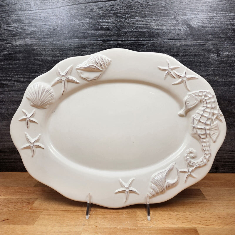 Load image into Gallery viewer, Laguna Coastal White Tray Serving Plate 14" Nautical Sea Horse Platter Blue Sky