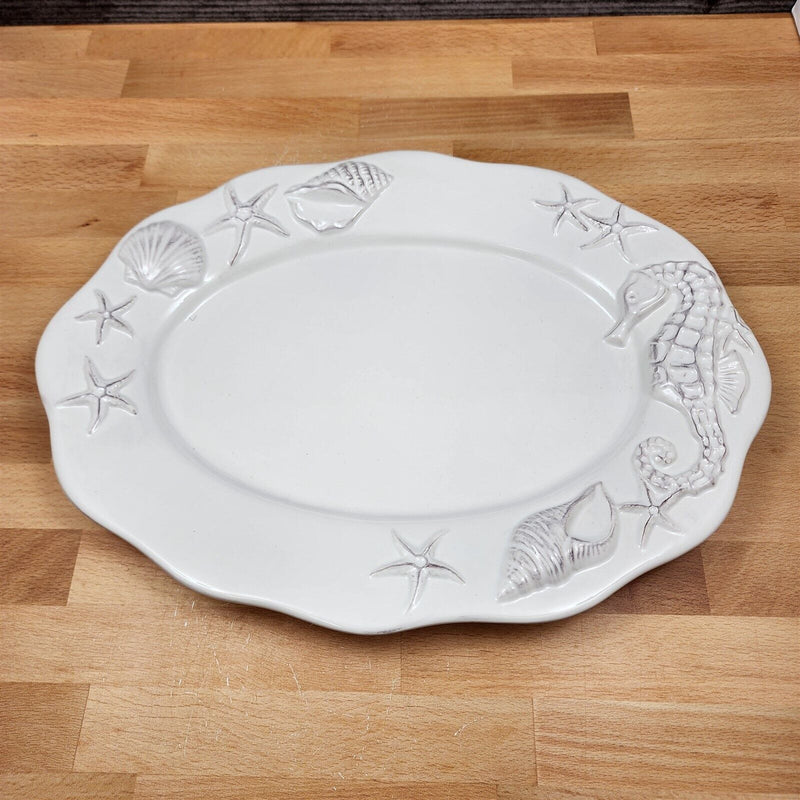 Load image into Gallery viewer, Laguna Coastal White Tray Serving Plate 14" Nautical Sea Horse Platter Blue Sky