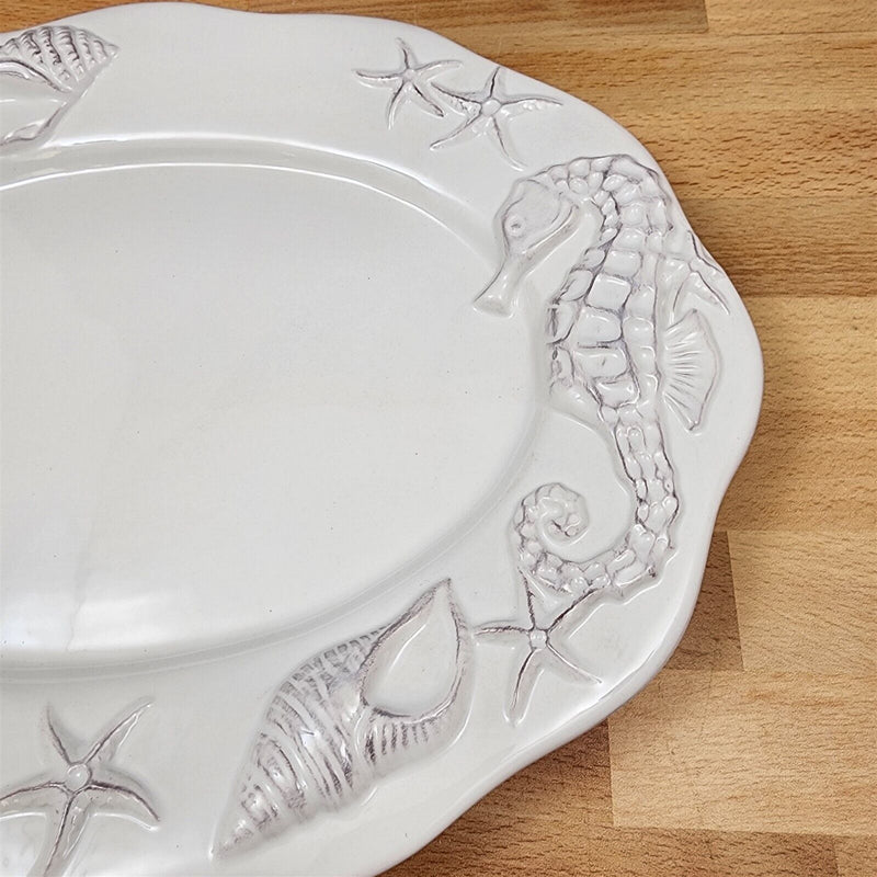 Load image into Gallery viewer, Laguna Coastal White Tray Serving Plate 14" Nautical Sea Horse Platter Blue Sky