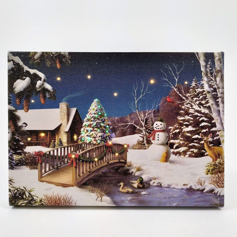 Load image into Gallery viewer, LED Lit Winter Scene with Snowman lighted Canvas Wall or Tabletop Picture Art