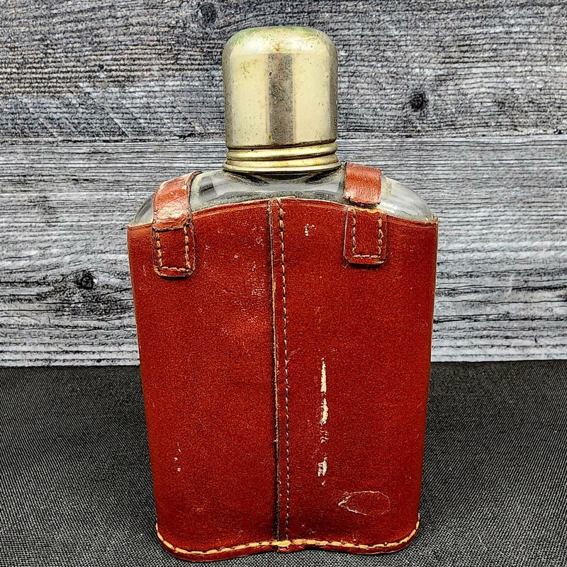Load image into Gallery viewer, Rumpp Brown Leather Wrapped Glass Flask With Metal Cap & Shot Glass