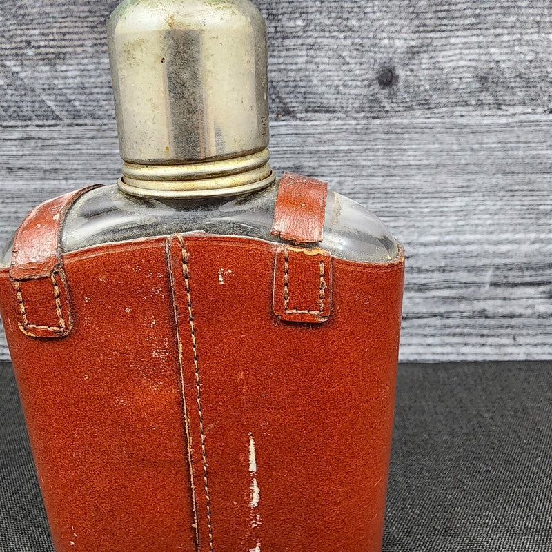 Load image into Gallery viewer, Rumpp Brown Leather Wrapped Glass Flask With Metal Cap & Shot Glass