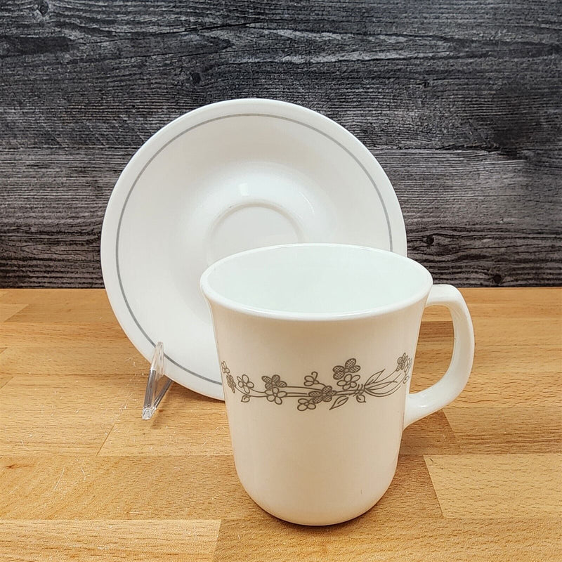 Load image into Gallery viewer, Corelle Corning Ribbon Bouquet 4 Coffee Mug & Saucer Set Tea Cup Gray Ceramic
